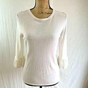 Premise Women's Ivory 3/4 Pleated Bell Sleeve Lightweight Cotton Sweater Sz M